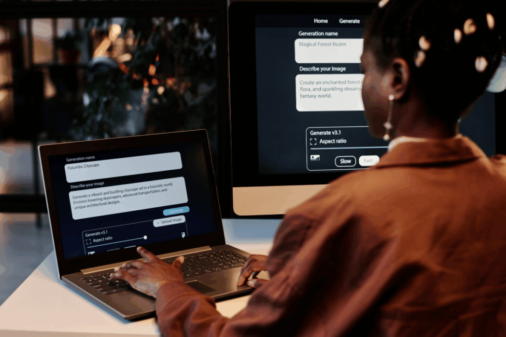 professional reviewing AI content on screen
