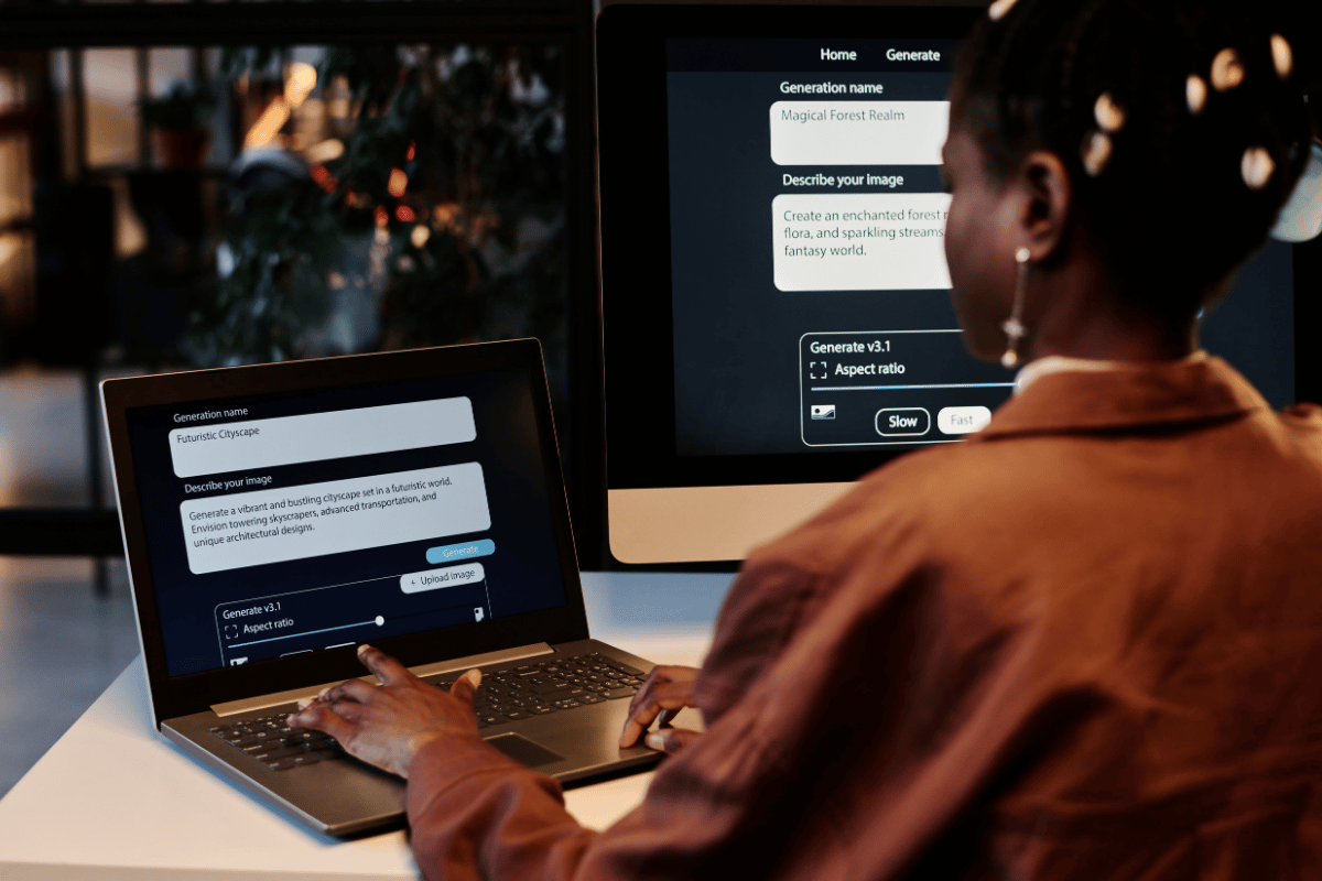 professional reviewing AI content on screen